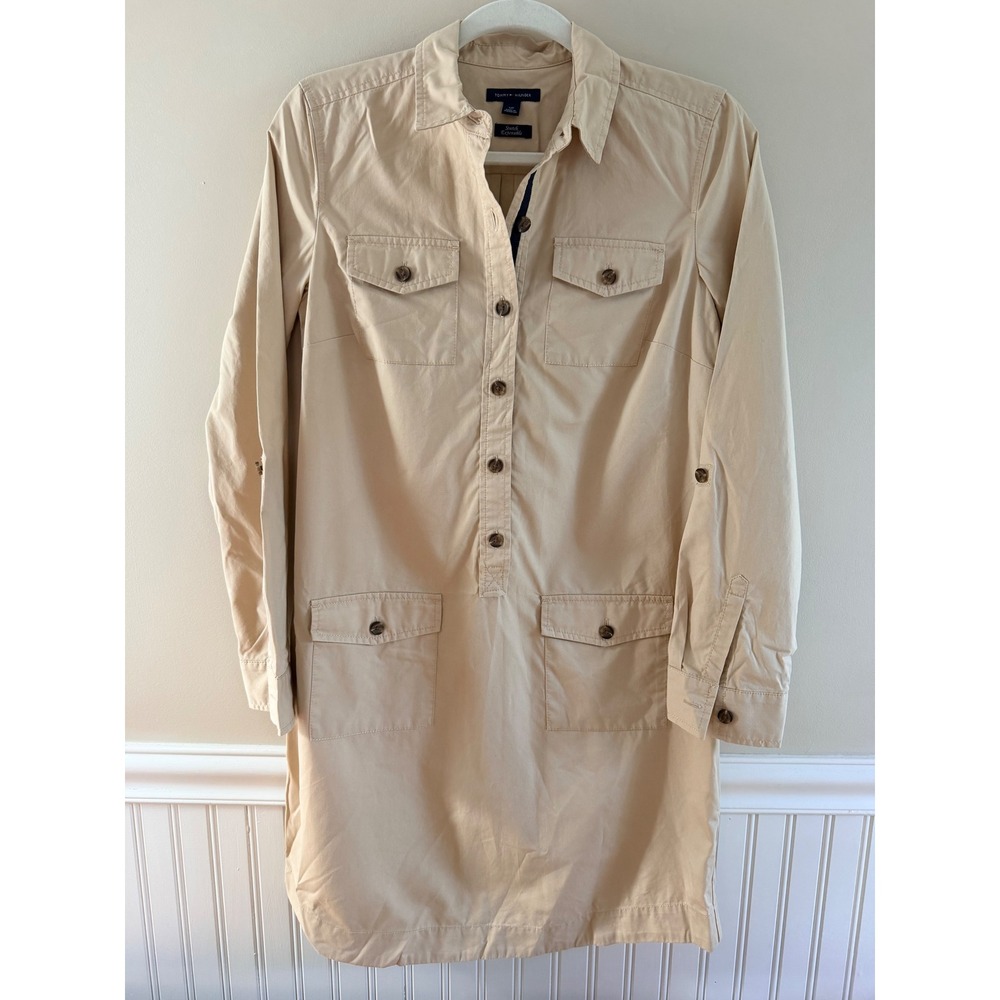 Tommy Hilfiger Utility Shirt Dress Khaki Tan Roll Tab Sleeve Small